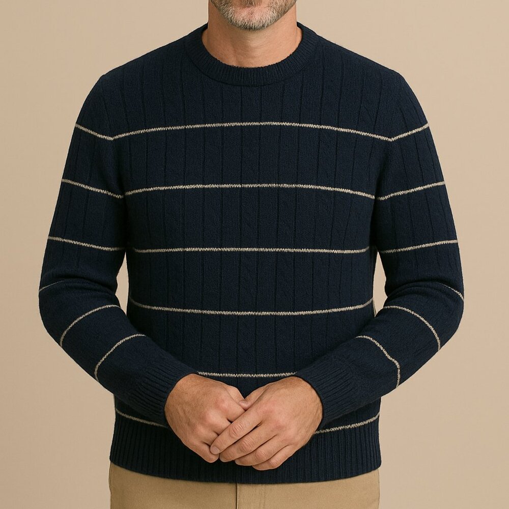 Vintage Bobby Jones Sweater Small Blue Striped Cable Knit Lambswool Crewneck‎